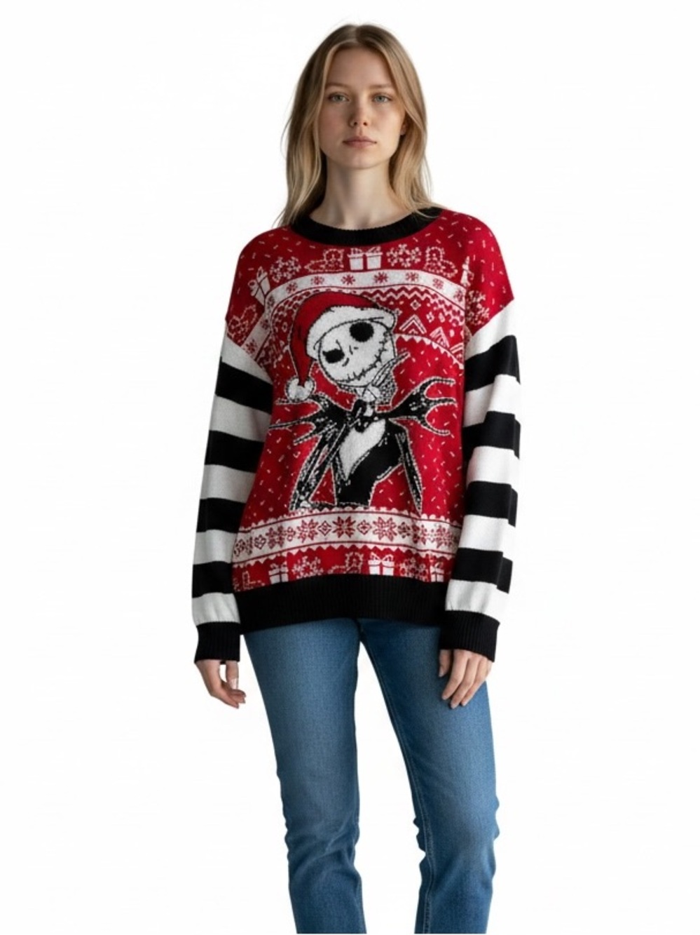 Disney Red & Black Jack Skellington Holiday Crewneck Sweater Size Large